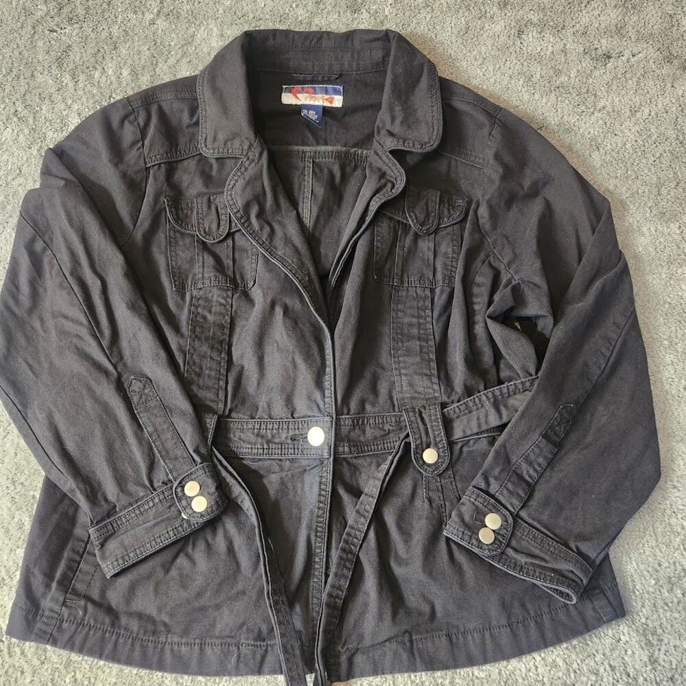 Vintage MWAH Jean Jacket Women's Size 22W Black Belted Y2K Stretch Denim